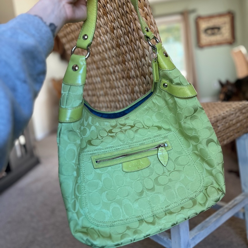 Coach Signature Jacquard lime green purse with blue lining
